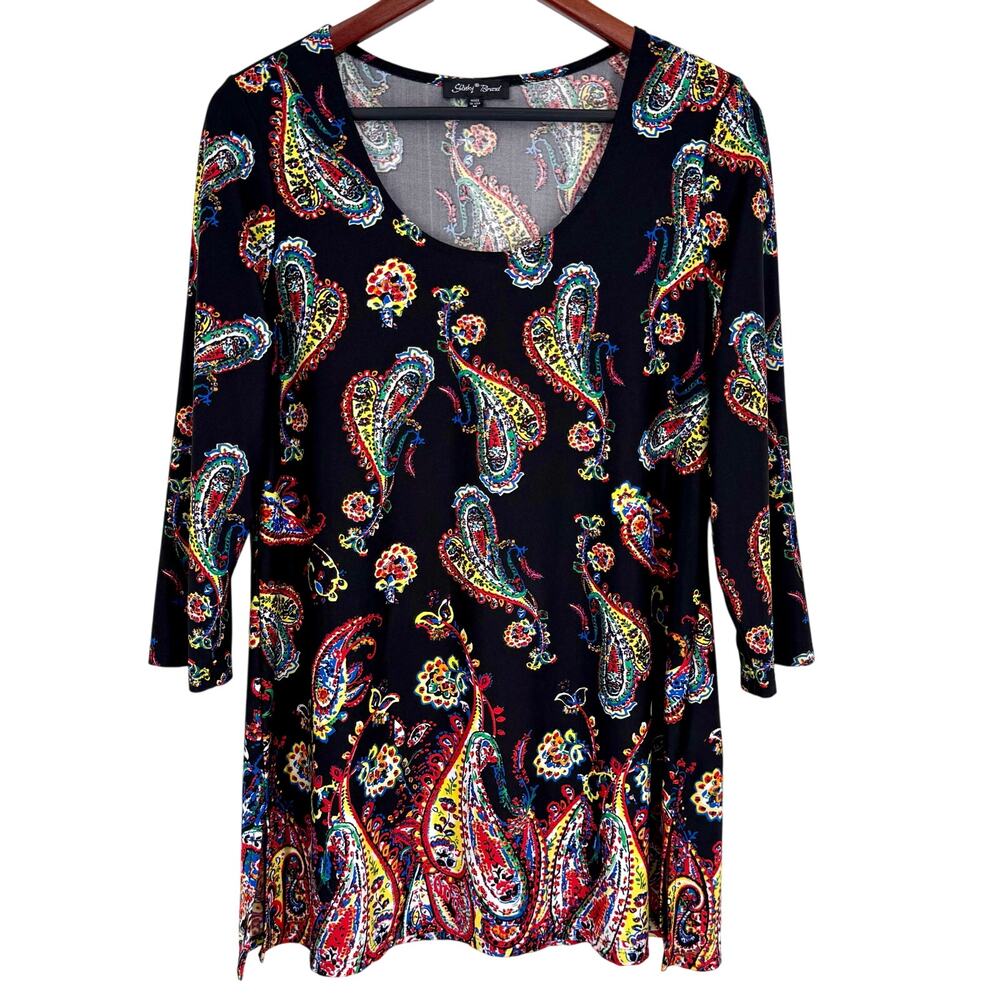 Slinky Brand Sz Medium Super Stretchy Paisley Print Blouse Shirt Top Tropical